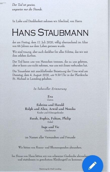Hans Staubmann r.i.P. - Aufrichtiges Beileid der Familie!